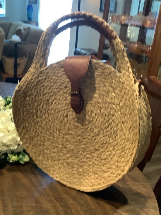Handbags - Woven Round Straw Tote Bag with Brown Leather Trim crossbody strap